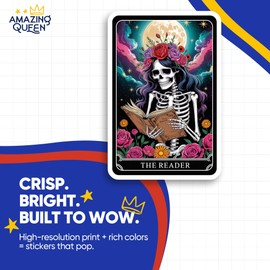 Reader Skeleton Stickers - Moon Flowers - Tarot Card Decal - The Reader Art - 2 Pack - 5" Wide Design - Adheres to Laptops, Tumblers, and More - Made in The USA - AQS3641