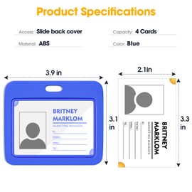 Horizontal Sliding ID Badge Holder with Clear Window Black ID Card Protector Pouch for Office School (Blue, 4 Pack)