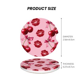 ABLESKY Car Coasters for Cup Holders, 2 Pack Absorbent Anti Slip Car Cup Holder Coasters, 2.56 Inch Ceramic Universal Size Auto Interior Accessories Women Men-Cherry Pink Bow with Red Lips