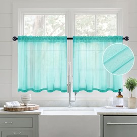 MIULEE Sheer Curtains 24 inch Length Kitchen Window Curtains Over Sink, Rod Pocket Short Small Cafe Curtains Linen Textured Light Filtering Half Window Curtains 2 Panels, Turquoise Aqua Blue