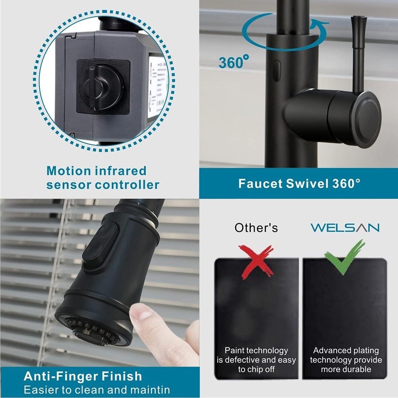 Welsan Touchless Kitchen Faucet, Hands-Free Automatic Smart Faucet with Pull