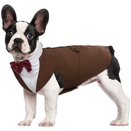Kuoser Dog Tuxedo, Dog Wedding Suit and Bandana Set, Pet Clothes Puppy Formal Shirt with Removable Bow Tie, Doggie Costume Small Medium Large Dogs Outfit for Party Birthday Festival, Brown