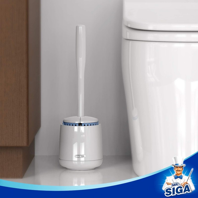 MR.SIGA Cepillo para Inodoro con Soporte, Mango Largo, Blanco, Paquete