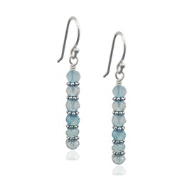 Sterling Silver Aquamarine Natural Gemstone Beaded Bar Dangle Earrings - March Birthstone