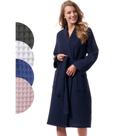 Morgenstern Women's Lightweight Bathrobe, 100% Cotton, Waffle Pique, darkblue