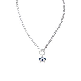 Delight Jewelry Silvertone Nurse Hat with Blue Cross Stronger Braver Smarter Mixed Cable and Imitation Pearl Chain Choker Necklace, 14.75-17"
