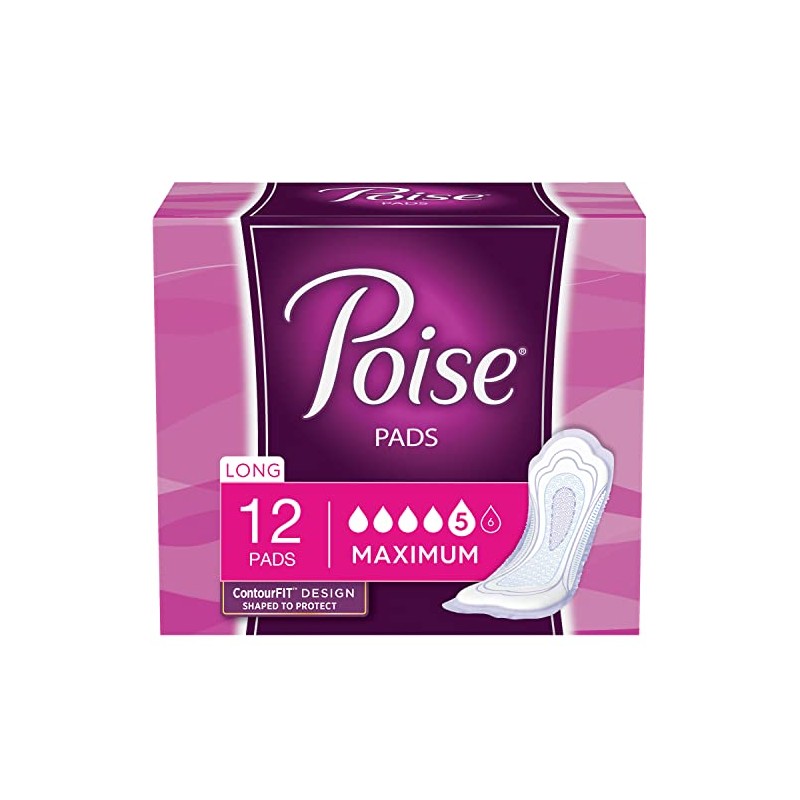 Poise Incontinence Pads, Maximum Absorbency, Long, 12 ct