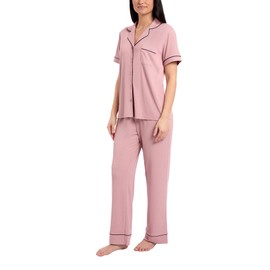 Nicole Miller New York Women's Pajamas 2 Piece Soft Ribbed Notch Collar Button Down PJ Set, Gemini, X-Large