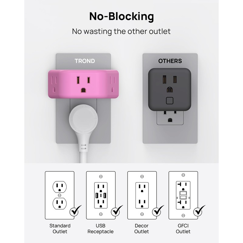 TROND Pink Outlet Extender - Multi Plug Outlet with 3-Prong