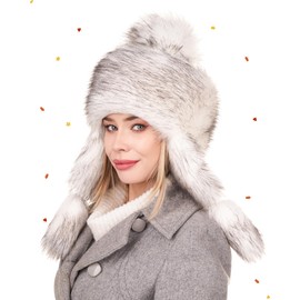 Futrzane Classic Ear Flaps Hat - Fur Trapper Hat for Women - Winter Ushanka Hat (M, White with Black Classic)