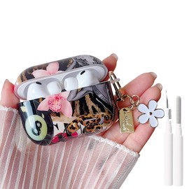 MINSCOSE for AirPods Pro 3 Clear Case,Cool Leopard Flower Collage Pattern Design with Girly Floral Keychain,Soft Silicone Protective Earbuds Cover with Cleaner Kit for Girls Women-Brown