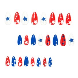 4th of July Press on Nails Medium Almond Fake Nails with Red Blue Star Design Silver Glitter Glue on Nails Independence Day False Nails Glossy Summer Stick on Nails for Women Girls Manicure 24Pcs