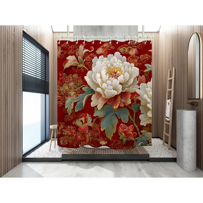 WODEJIA Red Peony Shower Curtain, Chinese Style Floral Embroidery Bathroom