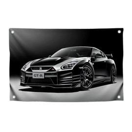 3x5 Feet Black GTR Racing Car Flag with Four Brass Grommets - Cool Polyester Racing Flag Banner for Outside on Inside - Vintage JDM GTR Fans Wall Garage Decoration - Auto Banner for Bedroom