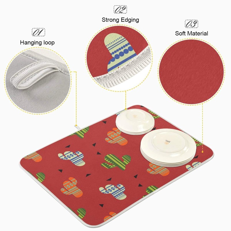 Boho Cactus Colorful Dish Drying Mat for Kitchen, Absorbent Microfiber