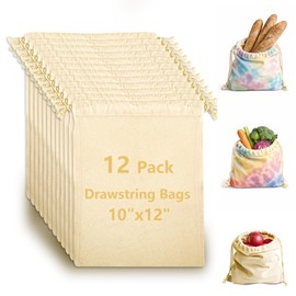 OKBA 12 Pack Cotton Muslin Drawstring Bags – Reusable Cloth Bags for Storage, Produce & Bread Storage, Gift Packaging, DIY Crafts, Eco-Friendly & Lightweight (10x12 inch)