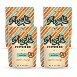 Austin Pretzel Company Vanilla Bean Flavor Pretzels – 4 Oz Gourmet Snack, Crunchy Bite-Sized Treats with Rich Butter Toffee Coating – Perfect for Sharing & Indulging (Pack of 4)