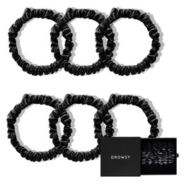 Drowsy Luxury Skinny Silk Scrunchies - Pack of 6 - Premium Hair Care Beauty Accessories for All Hair Types - Protect Hair Health, Reduce Breakages (6 Black Jade)