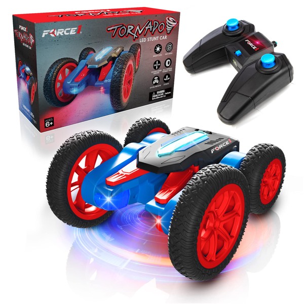 Force1 Tornado Red LED Remote Control Car for Kids - Double Sided Fast RC Car, 4WD Off-Road Stunt Car with 360 Flips, All Terrain Tires, LEDs, RC Crawler Rechargeable Toy Car Battery, Kids Car Remote