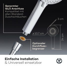KLUDI -X1 Universal Shower Head with Hose, Shower Head Optional Water-Saving with 3 Jet Types (Body, Hair, Skin), Easy-to-Clean Shower Head Diameter 10.7 cm, Shower Hose 1.60 m
