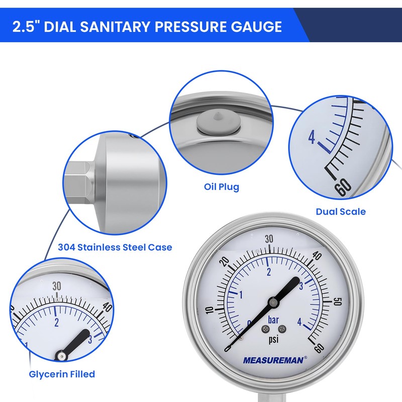 MEASUREMAN 0-60 PSI Sanitary Pressure Gauge - Liquid Filled Stainless