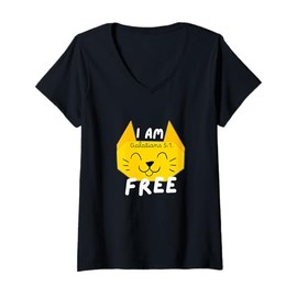 Womens I AM Free | Kitty Cat Face Lovers Bible Verse V-Neck T-Shirt