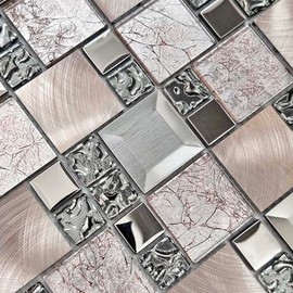 Hominter Metal & Glass Mosaic Tile – Silver & Rose Gold Kitchen Backsplash Wall Tiles, Modern Textured Mixed Material for Bathroom, Fireplace, Accent Wall (6 Square Feet)