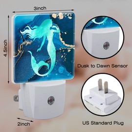sndheke Watercolor Turquoise Mermaid Night Light for Kids,Navy Blue Golden Marble Night Light Plug in with Dusk to Dawn Sensor,0.5w Energy Saving Nightlight for Hallway Stairway Kitchen Bedroom