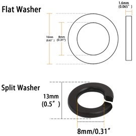 50 Set M8 Steel Split Washer Lock Washer Spring Washer Ring and Flat Washer, Black Oxide Finish, 0.082" and 0.065" Thick