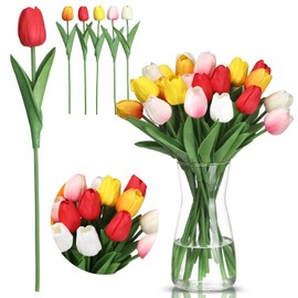 Thiccywoov 20 Pcs Artificial Flowers with Vase, 14 inch Faux Tulip Flowers Bouquet in Glass Vase for Kitchen Dining Table Centerpiece Easter Valentine's Day Gifts Home Wedding Decoration(Multicolor)