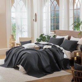 MooMee Stripe Stitch Quilt Set 100% Washed Cotton Coverlet Bedspread Linen Like with Cotton Batting Fill Soft Breathable Lightweight for All Seasons (Charocal Grey, Queen)