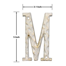 5 Inch High Home Address House Numbers- Unique Cast Iron Metal Mailbox Number/Letters for Outside or Front Door, Handmade Gold & White Finish (Letter M)