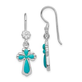 Diamond2Deal 925 Sterling Silver Rhodium Plated Turquoise Cross Dangle Earrings (L- 1.42 in, W- 0.47 in)