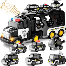 Police Car Toys for Toddlers 3-5 Years Old 7 in 1 Friction Power Toy Car with Police Truck, Lights and Sounds Christmas Emergency Vehicle Toy Set for Boys & Girls Birthday Gifts
