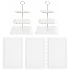 5 Pcs Cupcake Stand Set - Plastic Dessert Table Display Set, 2 White Square 3 Tier Cupcake Display Stands Cookie Tray Rack Serving Tower & 3X 14 in Plastic Trays for Wedding Baby Shower Tea Party