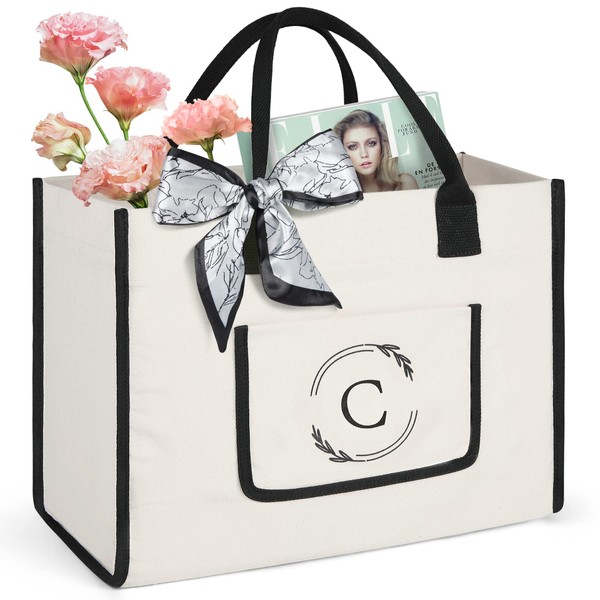 KTMOUW Initial Canvas Tote Bag Monogram Tote Bag for Women