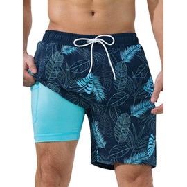 SILKWORLD Men's Quick Dry 2 in 1 Swim Trunks with Compression Liner Swimsuit Swimming Shorts Bathing Suits, Blue Leaves, X-Large