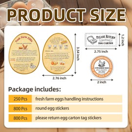 3 in 1 Total 1850pcs Farm Fresh Egg Stickers Set Including 250pcs Handing Instruction Cards,800pcs 2” Round Unwashed just got Laid Carton Stickers,800pcs Rectangular Please Return Egg Carton Labels