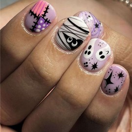 Press On Nails - Short Square Fake Nails, Purple with Cute Ghost Mummy Designs, Full Cover False Nails, 24Pcs