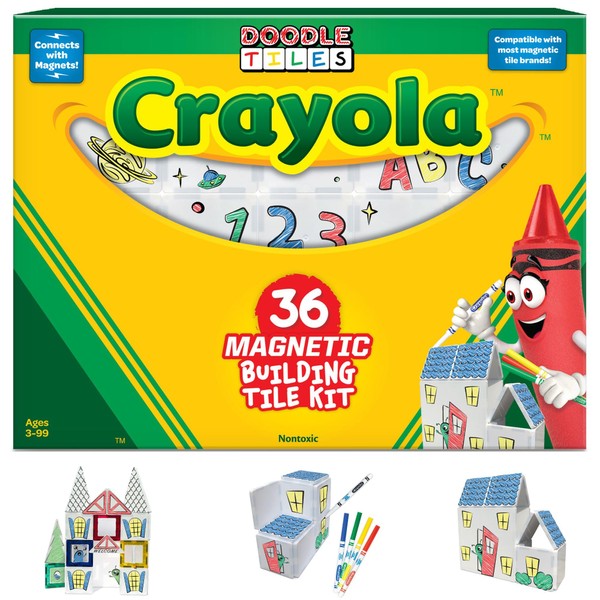 Crayola Doodle Magnetic Tiles Building Set for Kids, Magnetic Kids’ Building Toys, STEM Toys for Boys and Girls Ages 3+, 36-Piece Set (Doodle House)