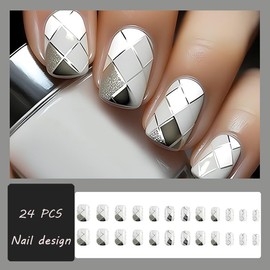 White Press on Nails Short Square Glitter Fake Nails Stick on Nails Reusable Geometric Patterns Acrylic Nails Silver Line False Nails Full Cover Nail Tips for Women Girls Nail Kit 24 Pcs