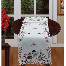 Creative Linens Holiday Embroidered Snowman and Christmas Tree Table Runner 15x69 Dresser Scarf White