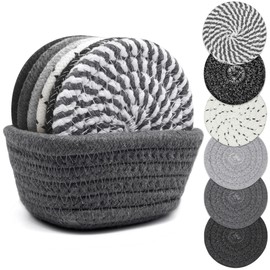 KITLAB Drink Coasters with Holder, Thick Woven Drinking Coasters for Kinds of Cups, Absorbent Coaster Sets for Tabletop Protection, Home Decor for Table, Coasters Set of 6