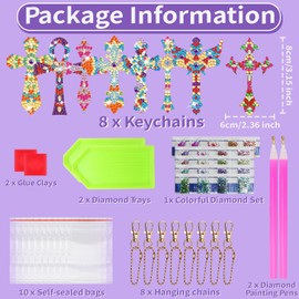 Anvin 8 Pcs Diamond Painting Keychains Double Sided Cross Shaped Rhinestone Painting Art Gem Key Rings DIY Glittering Ornament Pendant for Beginners Adults Kids Art Craft Supplies Gift (Cross B)