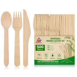 Mwellewm 100% Compostable Cutlery Set Wooden Utensils Disposable Silverware