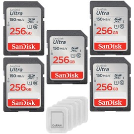 SanDisk 256GB Ultra SDXC UHS-I Class 10 Memory Card 150MB/s U1, Full HD, SD Camera Card SDSDUNC-256G (5 Pack) Bundle with (5) GoRAM Plastic Cases