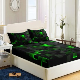 Soft Bedding Fitted Sheet Twin Size,Geometric Green Black Kids Boys Girls Aldult Bed Sheets with 2 Pillowcase,Sheet with 16" Deep Pocket,for Girls Boys Teen Bedding 3 Piece Set