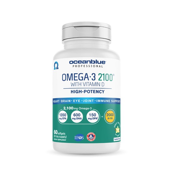 Oceanblue Omega-3 2100 with Vitamin D3 – 60 ct – Triple Strength Burpless Fish Oil with High-Concentration EPA and DHA, and Vitamin D3 – Wild-Caught – Vanilla Flavor – Label May Vary, New Packaging