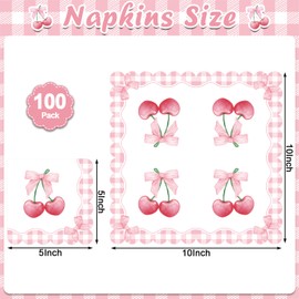 NatNarr 100 Pcs Pink Bow Napkins, Scalloped Cherries Bow Party Napkin with Pink Gingham Design, Disposable Dessert & Beverage Napkins for Bachelorette, Bridal Shower & Tea Party