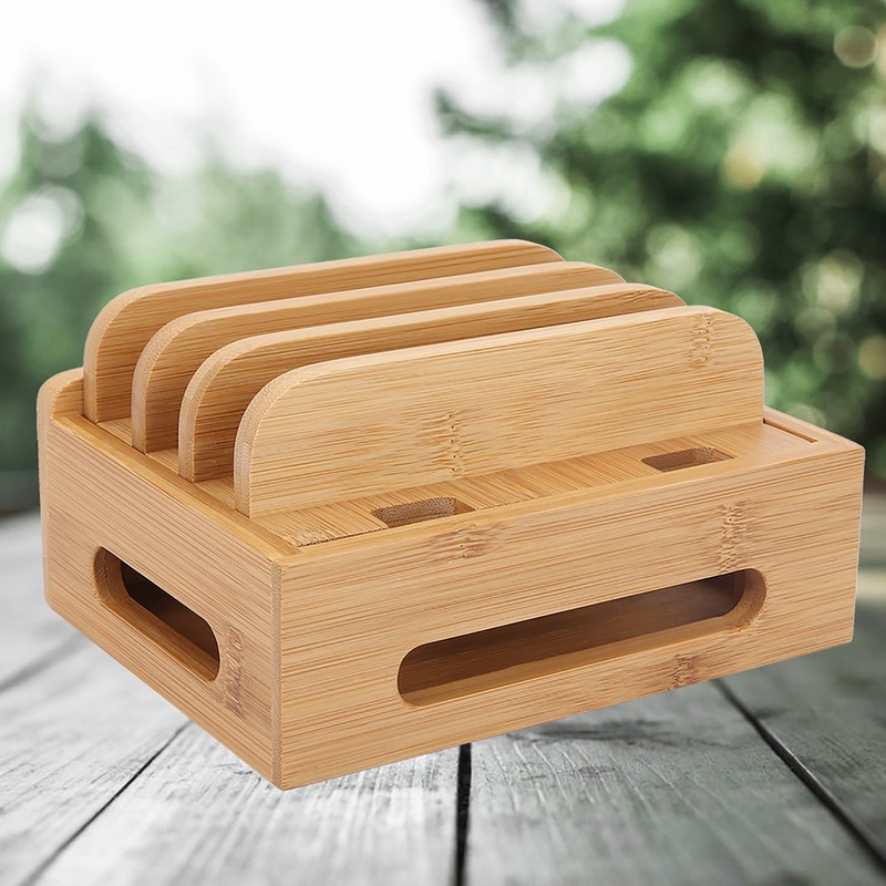 Bamboo Multidevice Stand Holder Charging Station Phone Tablet Cord Organizer